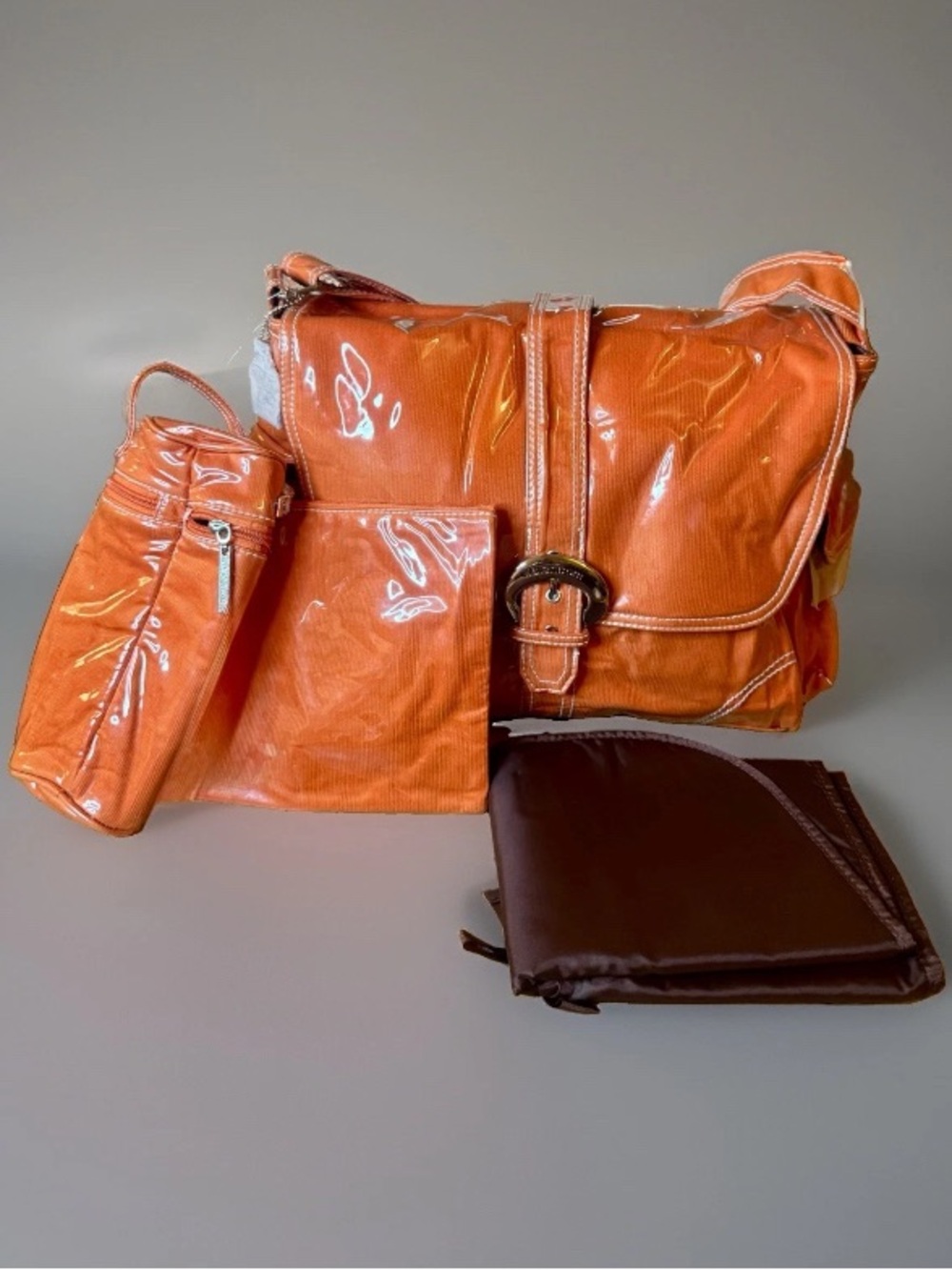 NWT Kalencom Patent 70s Baby Bag Set w Pad Insulated Bottle Holder Zip Bag